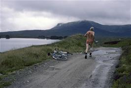 The warden of Loch Ossian hostel, running around the lake in an hour!