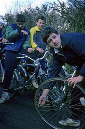 Paul wrestles with a puncture near the ford