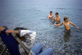 Philip Humphreys (?), Shane Powell and Toby Hopper enjoying the sea at Beer beach