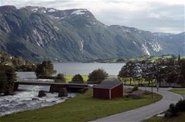View to Viksdals lake from the guest house, showing the bridge over the river [Remastered scan, August 2019]