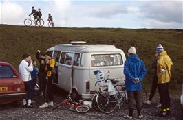 Julie Twydell hands out very welcome hot chocolates from Ken's van at Harford Moor Gate Car Park [Remastered scan, August 2019]