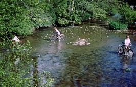 Tao, David and Martin just can't resists the ford at Bow Bridge near Tuckenhay [Remastered scan, June 2019]