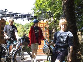 Gavin, Will and Louis at the entrance to Salcombe Youth Hostel after our tour of Overbecks National Trust