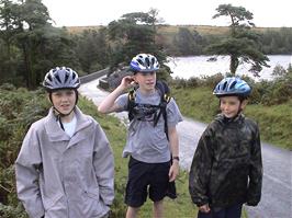 Gage, Joe and Harry at Venford Reservoir, 6.6 miles into the ride