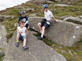 Dennis, Keir and Joe on the Ten Commandments Stone, Buckland Beacon