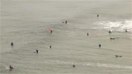 Loads of Surfers at Perranporth, as seen from near the hostel