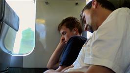 Joe and Tao on the Eurostar train from London to Paris