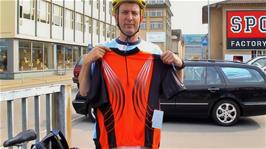 Michael is clearly very pleased with his new cycling shirt