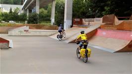 Joe and Tao enjoy the BMX track at Dättwil, Baden, 6.9 miles into the ride