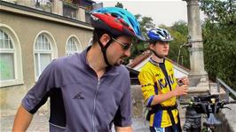 Tao and Joe at Rathausgasse, Baden, on Route 5, 8.7 miles into the ride