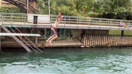 Joe takes the plunge at the Flussbad public swimming facility in Zurich