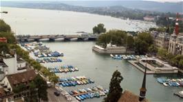 View to Lake Zurich from one of the Zurich Cathedral towers, 2.4 miles from the hostel