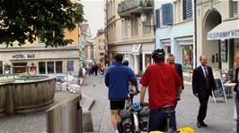 Stüssihofstatt Square, Old Zurich, 2.6 miles into the ride