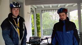 Preparing to leave Gyrenbad Guest House on a very wet morning - note Joe's mud-covered coat, a result of him not having a mudguard