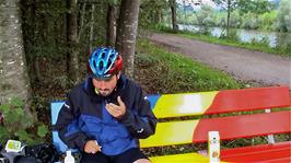 Tao finishes his Pork Pate lunch by the River Thur on Route 5 between Oberbüren and Niederbüren, 21.5 miles into the ride