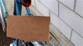 The message found on Michael's Mercian as we prepared to leave the youth hostel