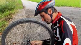 Tao chooses this quiet spot near Sennwald to regrease his hub and fit the new bearings