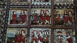 The illustrated ceiling of St Martin's Church, Zillis, viewed through the provided mirror