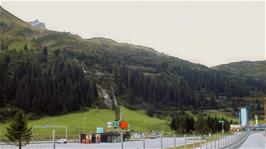 The hairpin climbs to the San Bernardino Pass, from Grossmata, Hinterrhein, 18.9 miles into the ride and 1613m above sea level