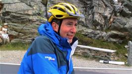 Michael is freezing cold at La Smita, just beyond the San Bernardino Pass, but Tao insists on taking more video shots - 24.7 miles
