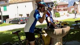 Liquid refreshments at Preonzo on a very hot day, 10.1 miles into the ride