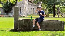 Joe considers cooling off at Via Gerra playground, Faido, 31.5 miles into the ride