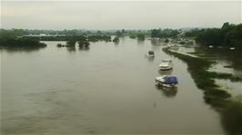 The River Avon in full flood at Defford Marina.  The overnight floods caused massive rail disruption in the area