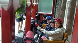 Waiting under the Western-Style porch outside Buttermere Youth Hostel for the rain to stop