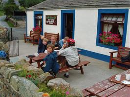 Enjoying Mars cake and drinks at the Croft House Farm Cafe, Buttermere, 9.2 miles into the ride