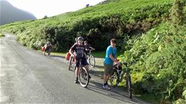 The group in the strong evening sunshine close to Crummock South Beach after 31 miles of cycling